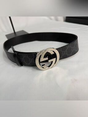 Gucci Black GG Monogram Belt with Silver Double G Buckle size 32